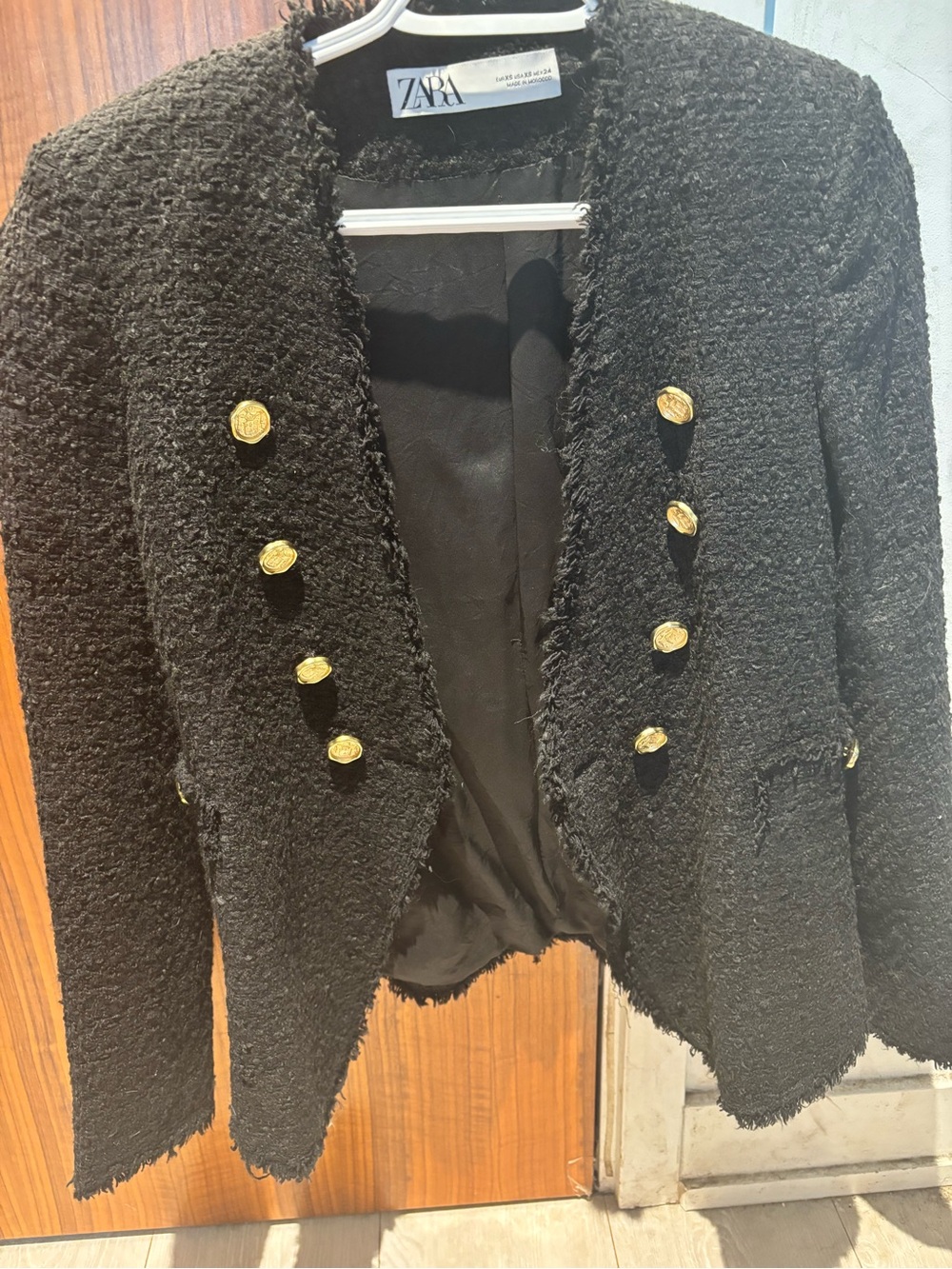 Zara Black Bouclé Blazer with Gold Buttons
